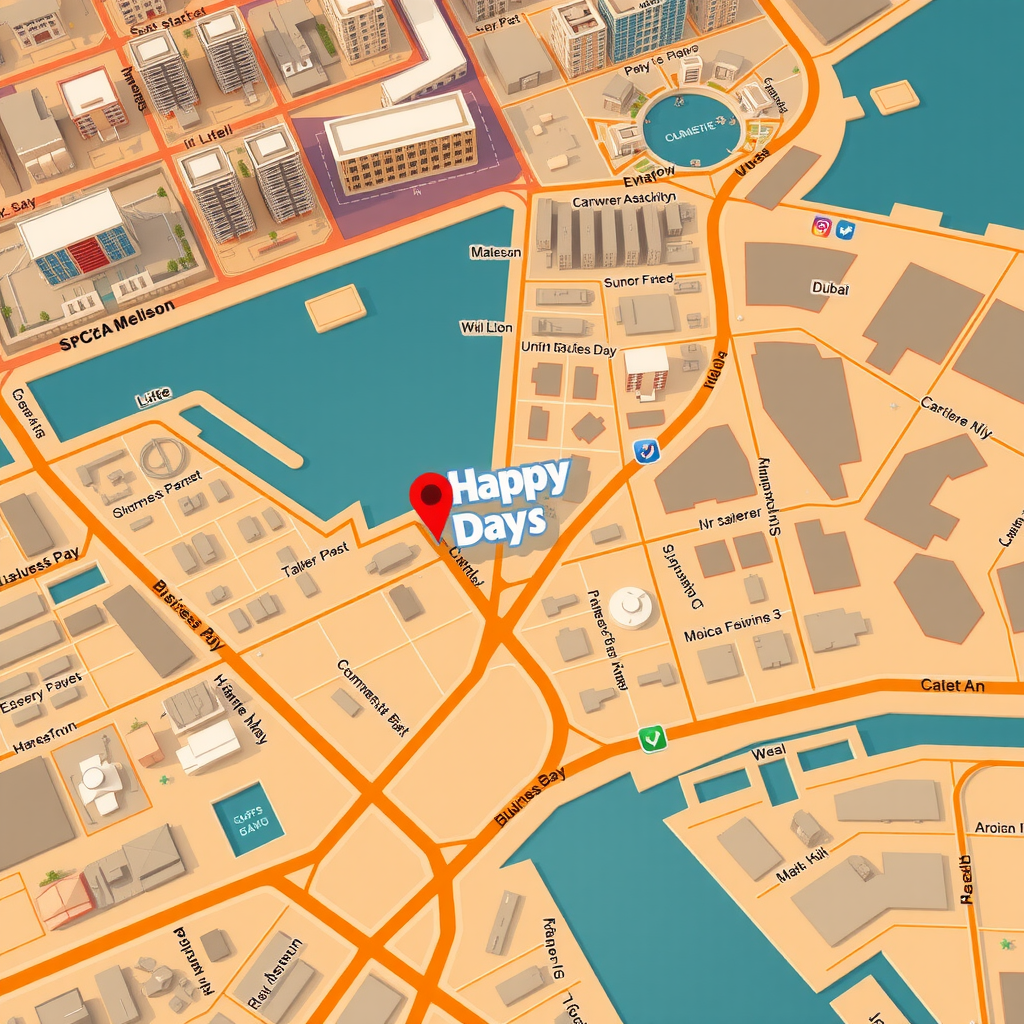 Map showing Dubai Happy Days location at Business Bay 92, Dubai, UAE with surrounding landmarks and streets