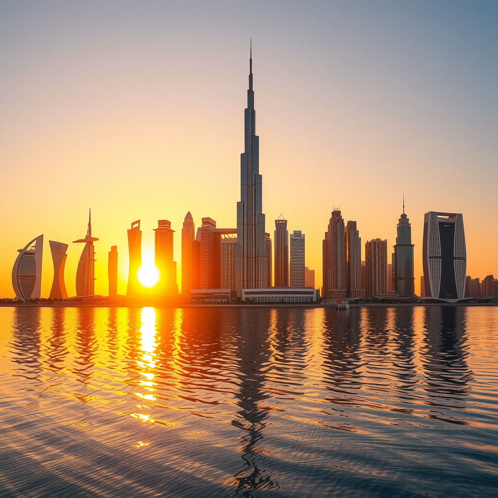 Stunning panoramic view of Dubai skyline at golden hour featuring Burj Khalifa, Palm Jumeirah, and modern skyscrapers reflecting in the Arabian Gulf waters