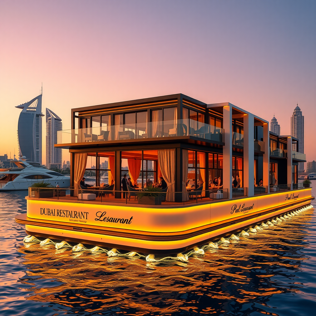 Luxurious floating restaurant on Dubai Marina waters at sunset, featuring modern architecture with floor-to-ceiling glass windows, elegant outdoor seating areas, and stunning 360-degree views of the marina skyline and yachts