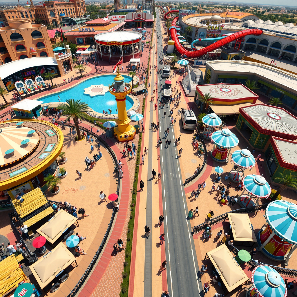 Aerial view of bustling Dubai theme park filled with visitors enjoying various rides and attractions, showing crowded pathways and entertainment venues under bright sunny weather