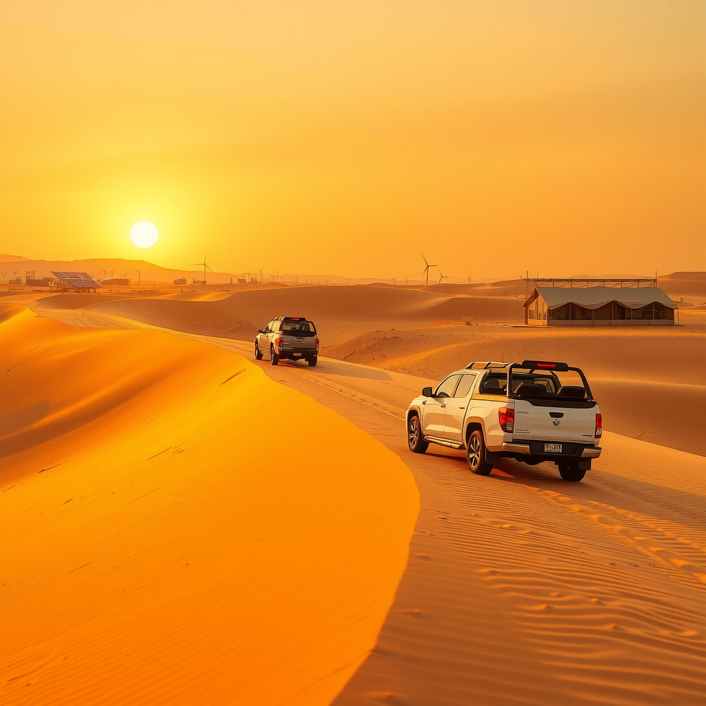 Modern electric safari vehicles traversing pristine golden desert dunes during sunset, with an eco-friendly Bedouin camp featuring solar panels and traditional tents visible in the distance, showcasing sustainable desert tourism