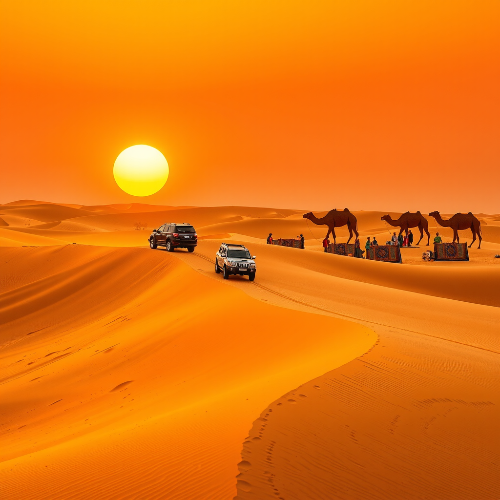 Golden sand dunes of Dubai desert at sunset with 4x4 vehicles performing dune bashing, traditional Bedouin camp with colorful carpets and lanterns in background, camel silhouettes against orange sky