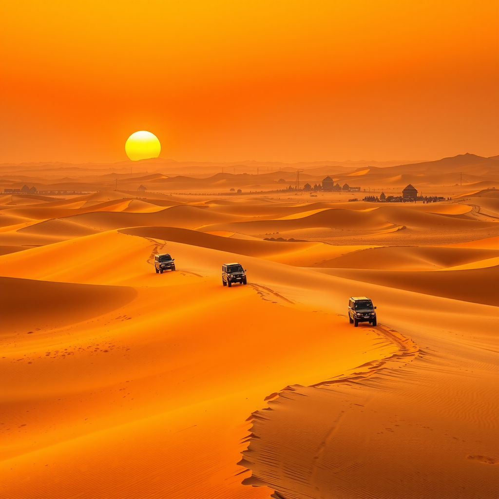 Expansive golden desert dunes stretching to the horizon at sunset with 4x4 safari vehicles creating dust trails, traditional Bedouin camp visible in the distance, warm orange and amber sky