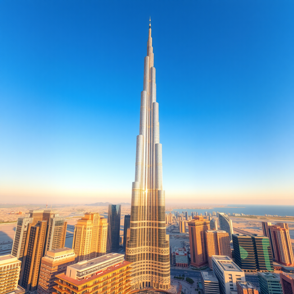 Majestic Burj Khalifa tower piercing through clear blue sky, standing tall above Dubai's modern cityscape with glass facades reflecting sunlight, panoramic view showcasing the world's tallest building against urban landscape