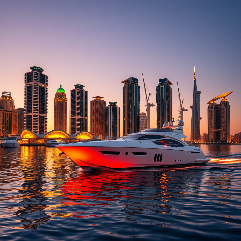 Luxury yacht sailing through Dubai Marina at sunset with illuminated skyscrapers reflecting on calm waters and Palm Jumeirah visible in the distance