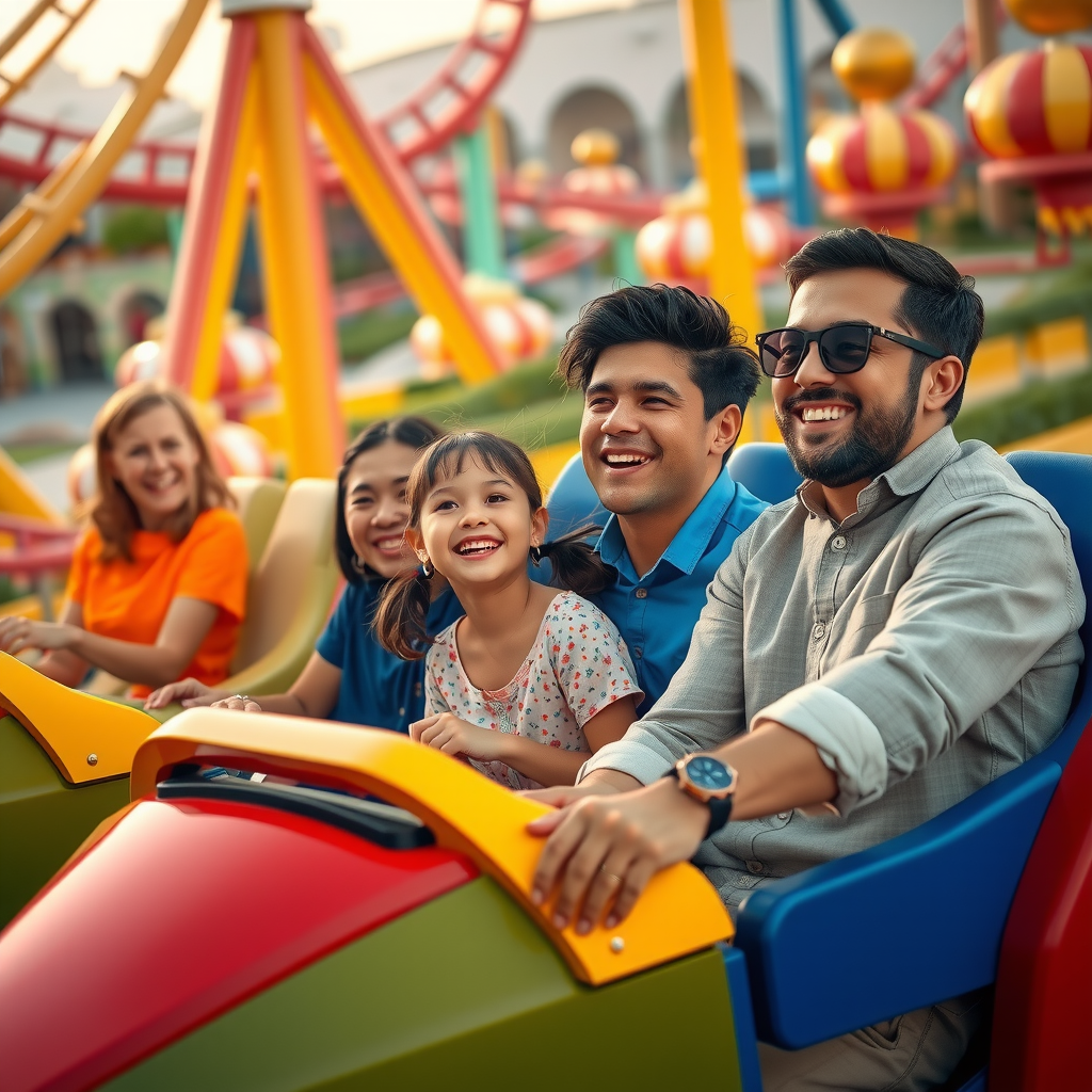 Families enjoying exciting roller coasters and attractions at Dubai's premier theme parks with vibrant entertainment zones and joyful atmosphere