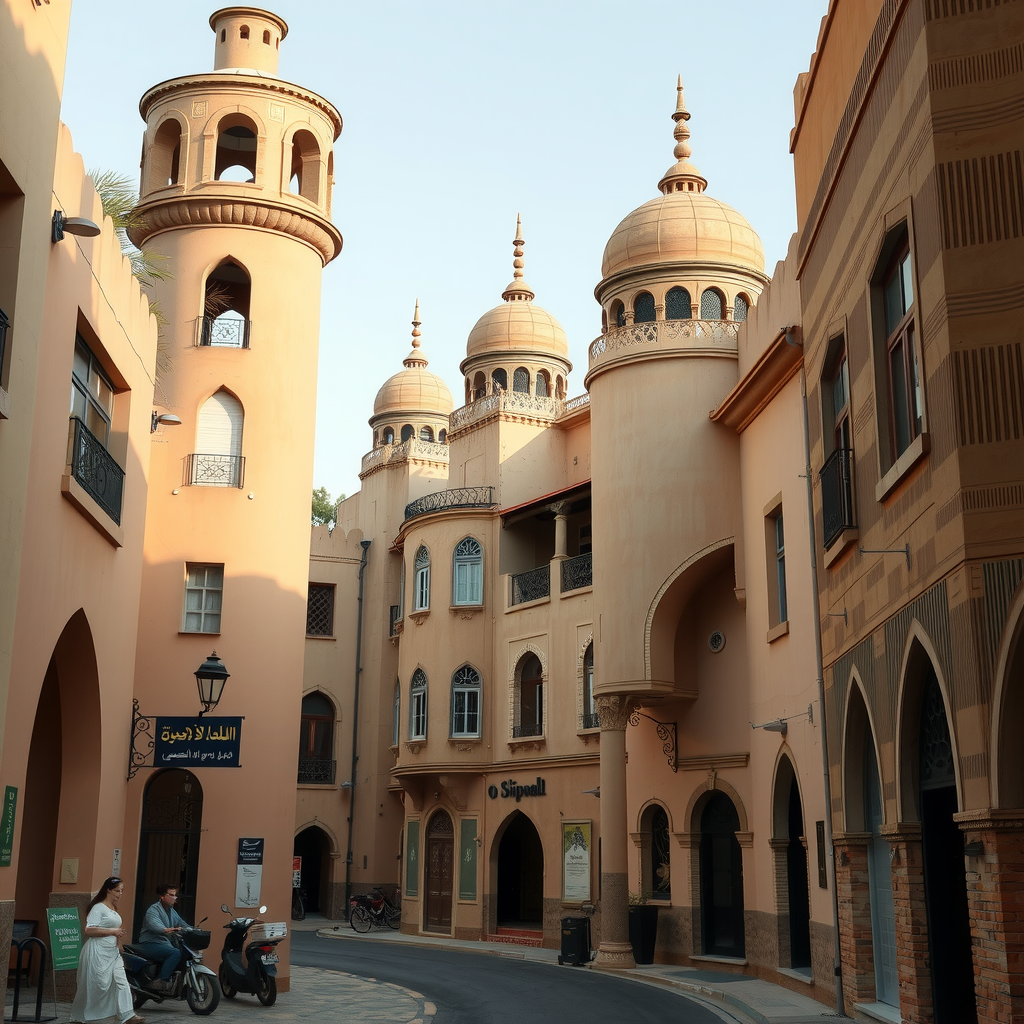 Historic Al Fahidi District featuring traditional Arabian architecture with distinctive wind towers, narrow pedestrian lanes, and restored heritage buildings showcasing Dubai's traditional architectural style