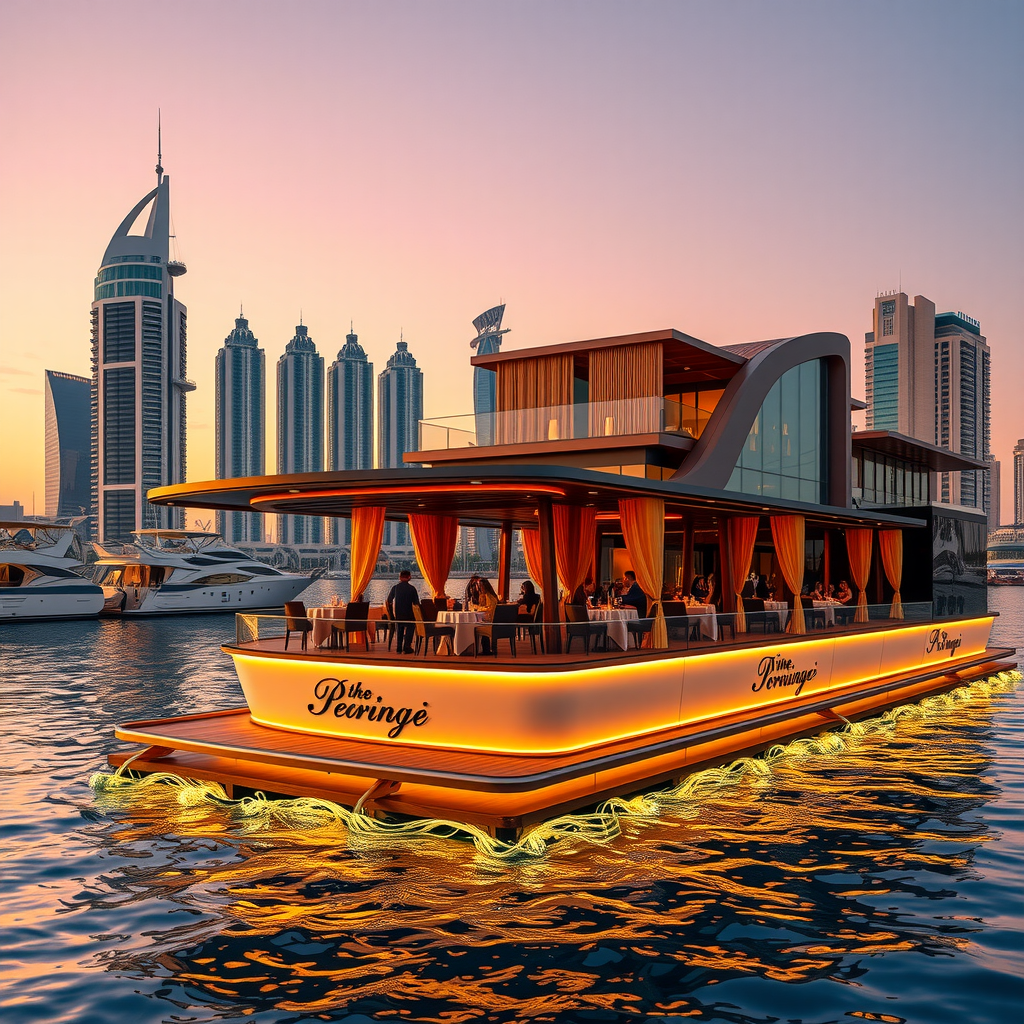 Elegant floating restaurant on Dubai Marina waters at sunset with modern architecture, outdoor dining tables, and panoramic water views with city skyline in background