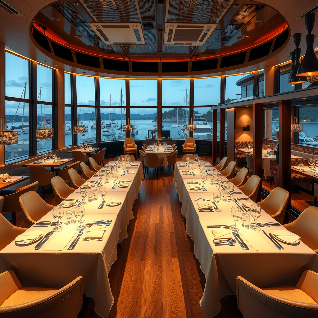 Elegant interior of floating restaurant with contemporary design, featuring sophisticated table settings, ambient lighting, large panoramic windows showcasing marina views, and modern decor with nautical elements