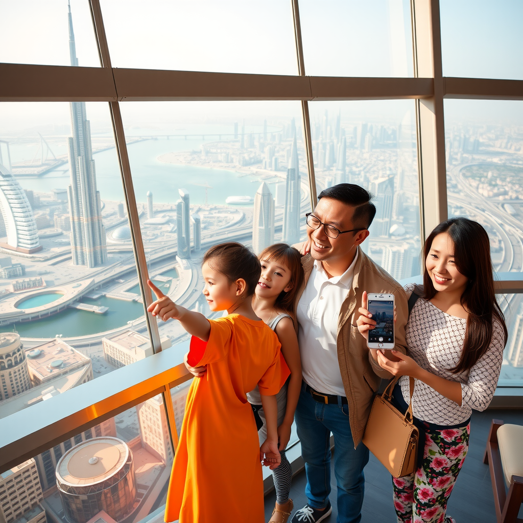Happy families at Dubai's iconic observation deck enjoying panoramic views of the city skyline, with children pointing at landmarks and parents taking photos