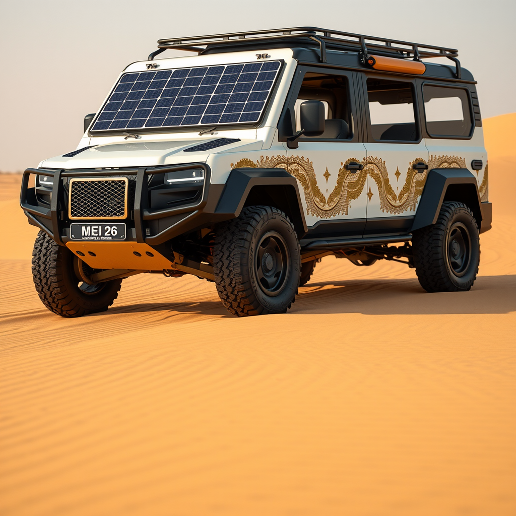 Detailed view of a sleek electric safari vehicle equipped with solar panels and advanced suspension system, parked on rippled desert sand with traditional Arabic patterns visible on the vehicle's exterior