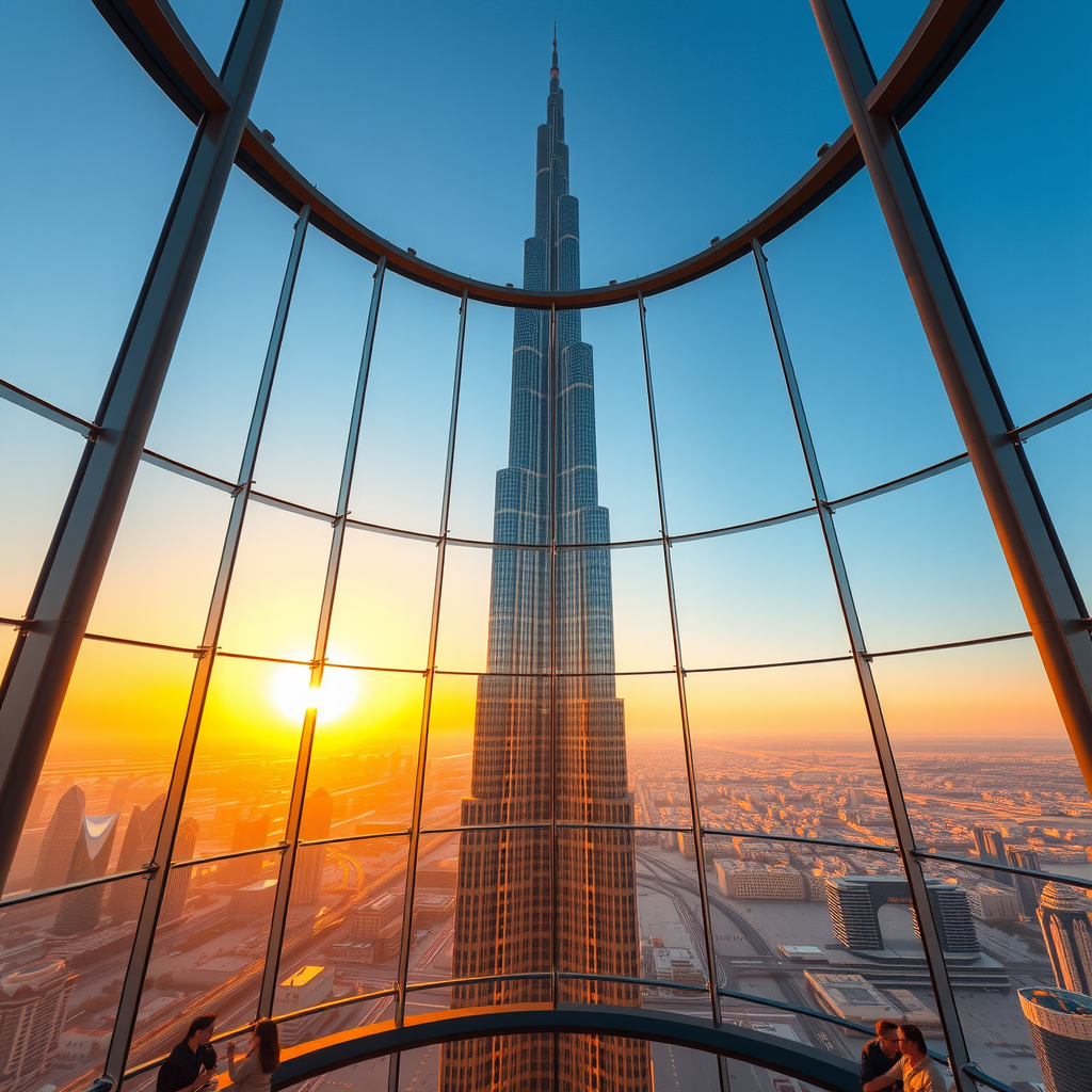 Burj Khalifa tower reaching into clear blue sky, observation deck with floor-to-ceiling windows showing panoramic Dubai cityscape, modern interior with visitors enjoying breathtaking views, sunset golden hour lighting