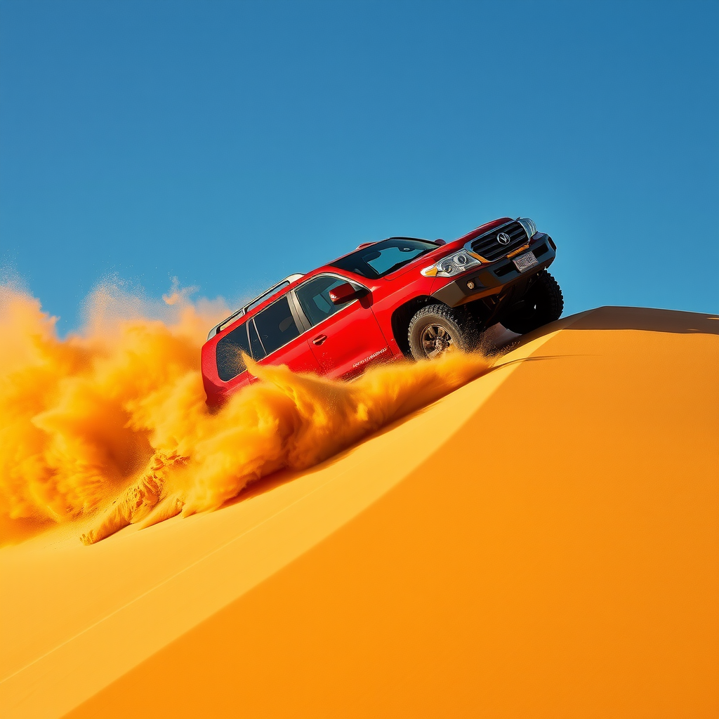 Red 4x4 Land Cruiser climbing steep golden sand dune at dramatic angle, sand spraying, blue sky background, action shot capturing the thrill of dune bashing adventure