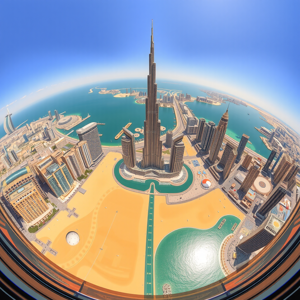 Stunning 360-degree panoramic view from Burj Khalifa observation deck showcasing Dubai Marina skyscrapers, Palm Jumeirah artificial island, golden desert stretching to horizon, and Arabian Gulf waters sparkling under sunlight