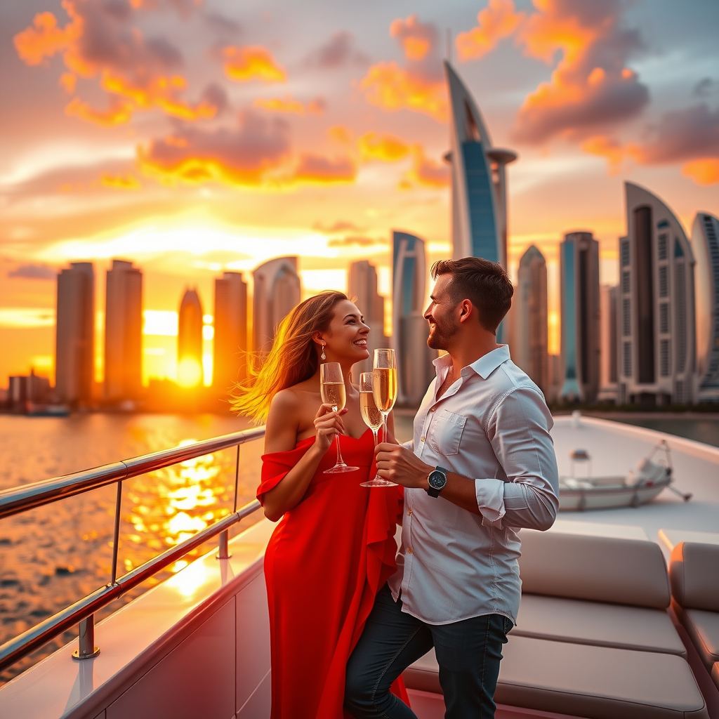Romantic couple enjoying champagne on luxury yacht deck during golden hour sunset with Dubai Marina skyscrapers and colorful sky in background