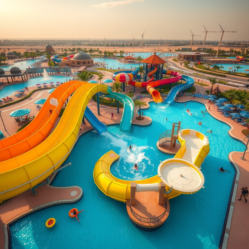 Aerial view of massive waterpark with multiple colorful slides, wave pools, and families enjoying water activities under sunny Dubai sky