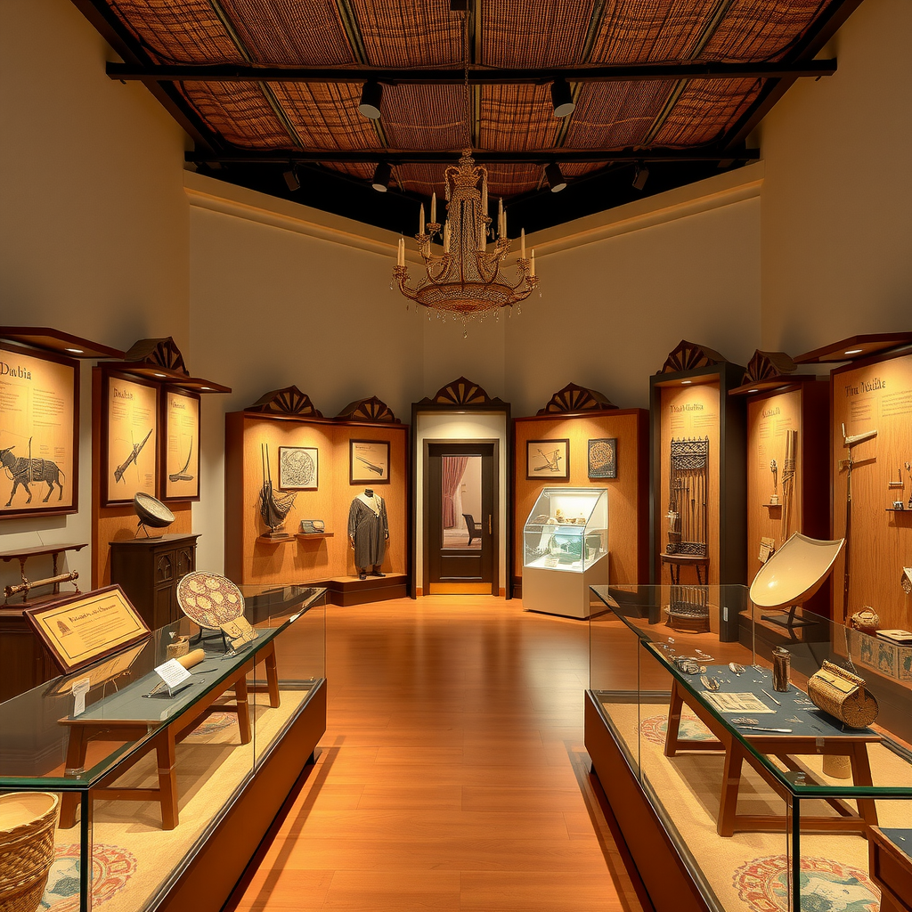 Interior of Dubai Museum displaying traditional Bedouin lifestyle exhibits, historical artifacts, ancient weapons, pearl diving equipment, and dioramas depicting life in old Dubai