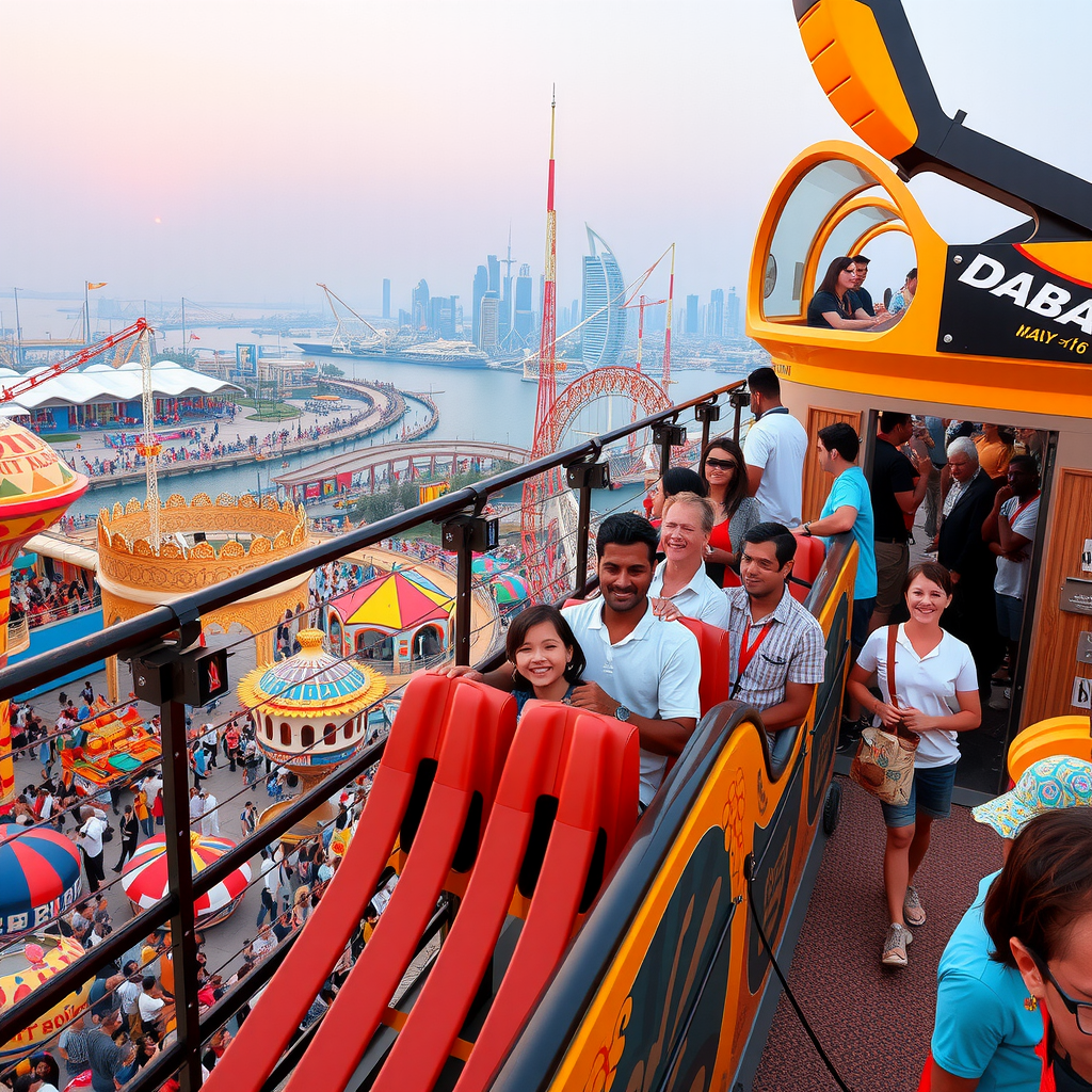 Crowded Dubai theme park with families enjoying rides, observation deck with tourists viewing city skyline, vibrant entertainment venue with happy visitors