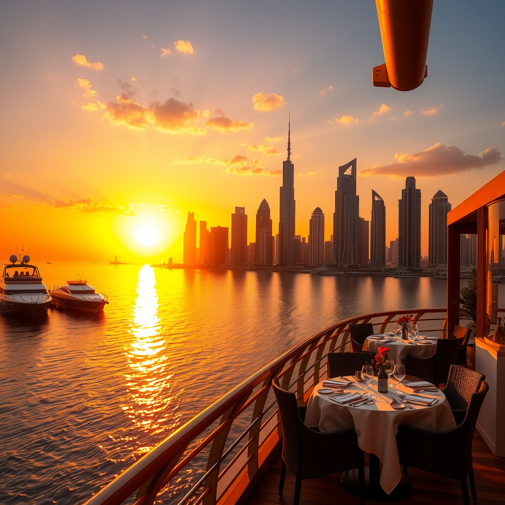 Breathtaking sunset view from floating restaurant showing golden hour sky reflected in marina waters, silhouettes of Dubai skyscrapers, outdoor terrace with elegant dining setup, and ambient lighting creating romantic atmosphere