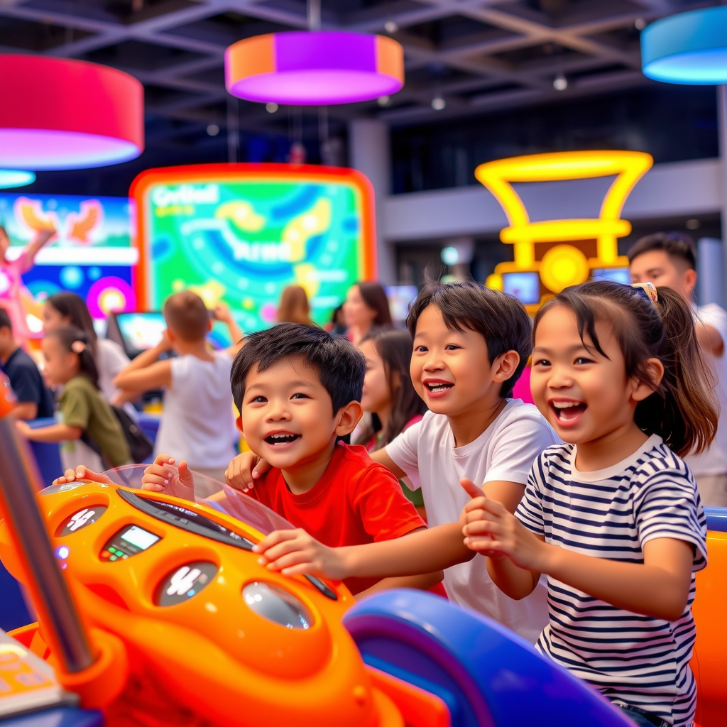 Excited children participating in interactive entertainment activities at a modern Dubai attraction venue, with colorful displays and engaging exhibits in the background