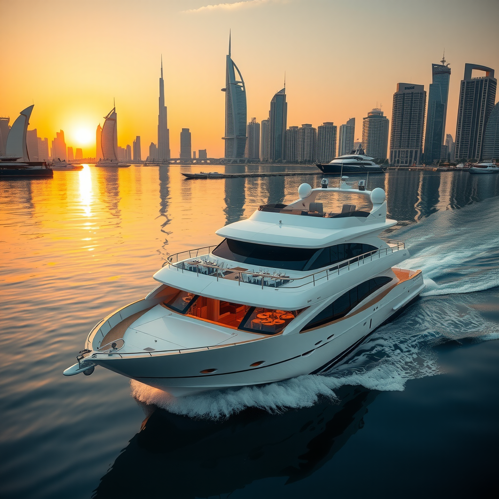 Luxury white yacht sailing through Dubai Marina at sunset, modern skyscrapers reflecting in calm water, elegant deck with dining setup, Palm Jumeirah and JBR skyline in background, golden hour warm lighting