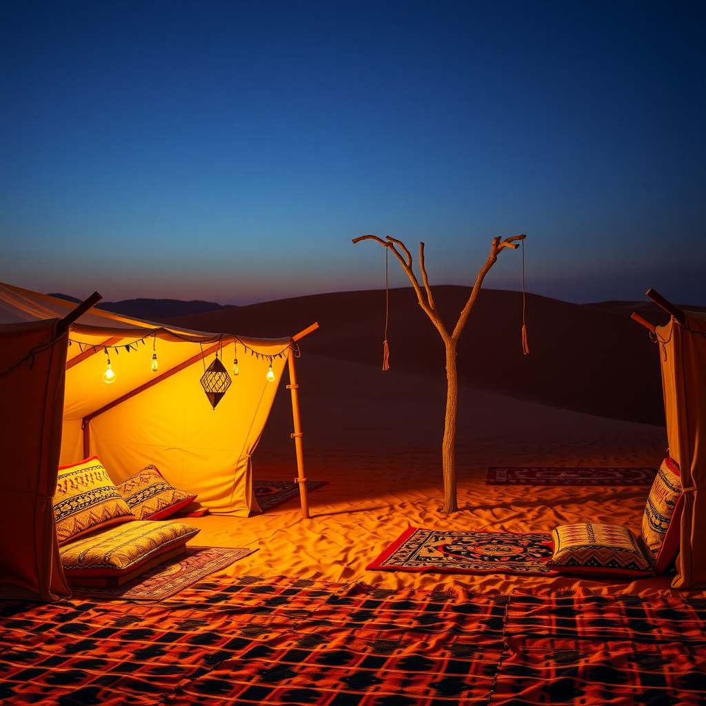 Traditional Bedouin camp at twilight with illuminated tents, colorful carpets and cushions, lanterns hanging, desert dunes in background, warm ambient lighting creating cozy atmosphere