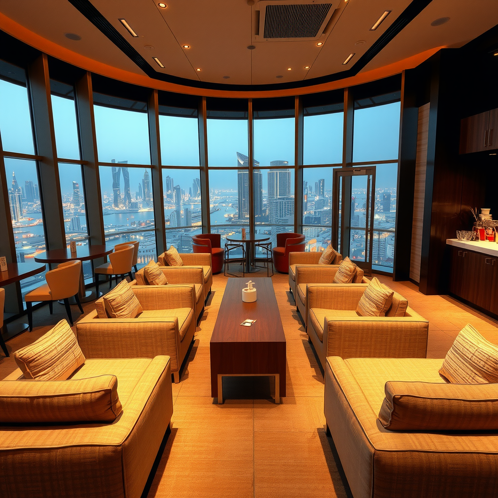 Elegant SKY lounge interior featuring floor-to-ceiling windows with panoramic Dubai skyline views, plush comfortable seating arrangements, modern minimalist design, ambient lighting, and refreshment area with premium amenities