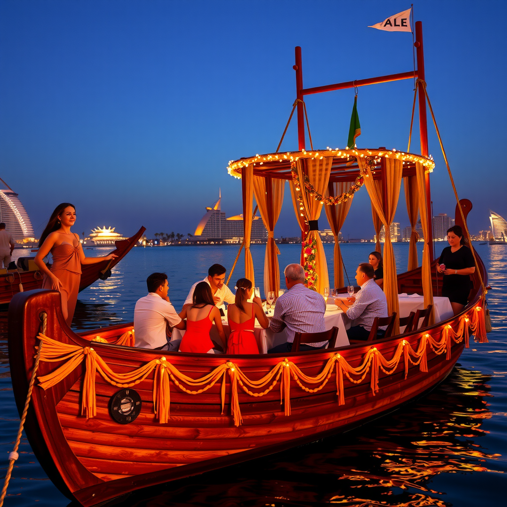 Traditional wooden dhow boat with families enjoying dinner on decorated deck with Palm Jumeirah and Atlantis hotel illuminated in evening light