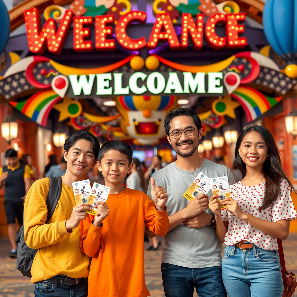 Excited family of four holding attraction passes at theme park entrance with colorful decorations and welcoming atmosphere in background