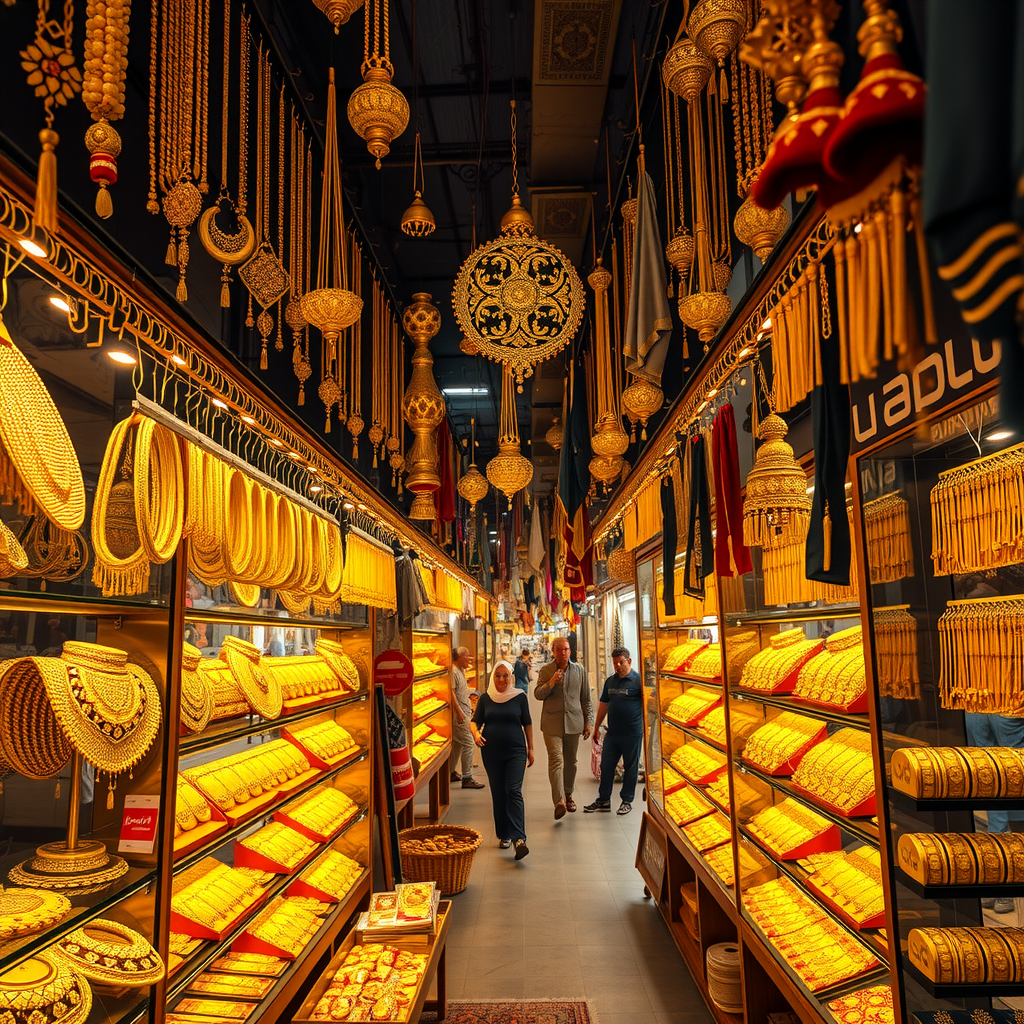 Bustling Gold Souk marketplace with hundreds of jewelry shops displaying glittering gold necklaces, bracelets, and traditional Arabian gold ornaments in illuminated shop windows