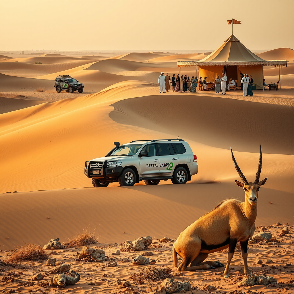 Sustainable desert safari with electric vehicles in Dubai sand dunes, traditional Bedouin camp with cultural performances, wildlife conservation scene with Arabian oryx in natural habitat