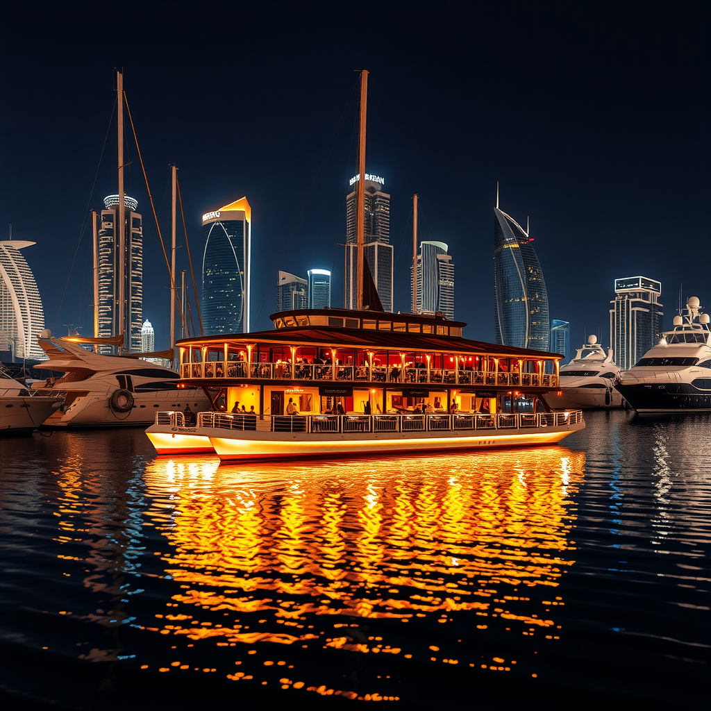 Night view of floating restaurant illuminated with warm lighting, surrounded by Dubai Marina's glittering skyline, luxury yachts moored nearby, and reflections dancing on calm water surface