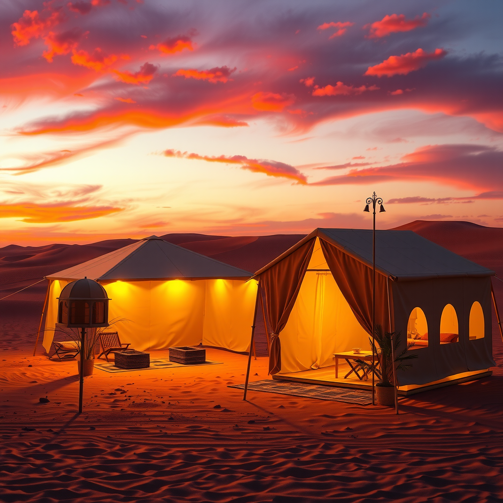 Eco-friendly Bedouin camp at dusk featuring traditional tents with integrated solar panels, LED lighting, and sustainable infrastructure, set against a backdrop of pristine desert dunes and a colorful sunset sky