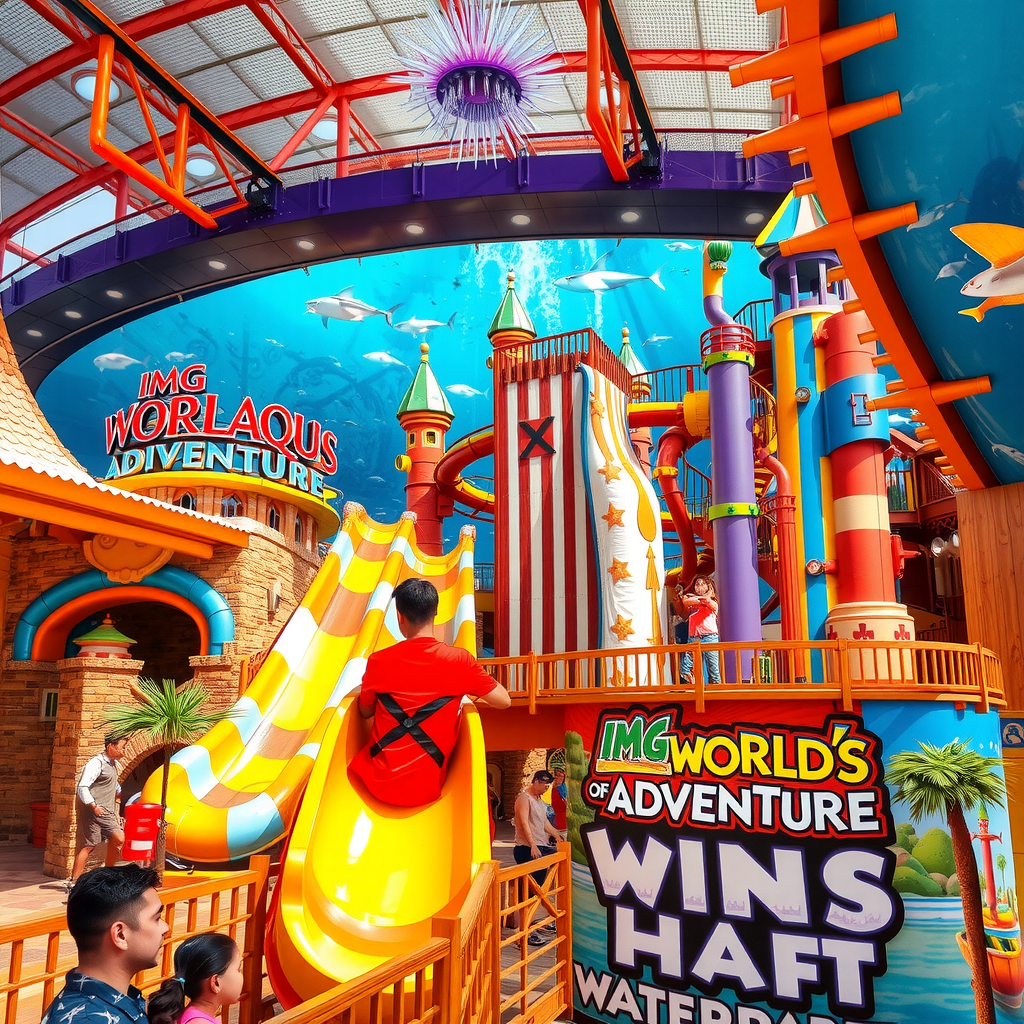 Colorful theme park with thrilling roller coasters, water slides at Aquaventure Waterpark, families enjoying attractions, IMG Worlds of Adventure entrance, Dubai Aquarium tunnel with sharks and rays, vibrant exciting atmosphere