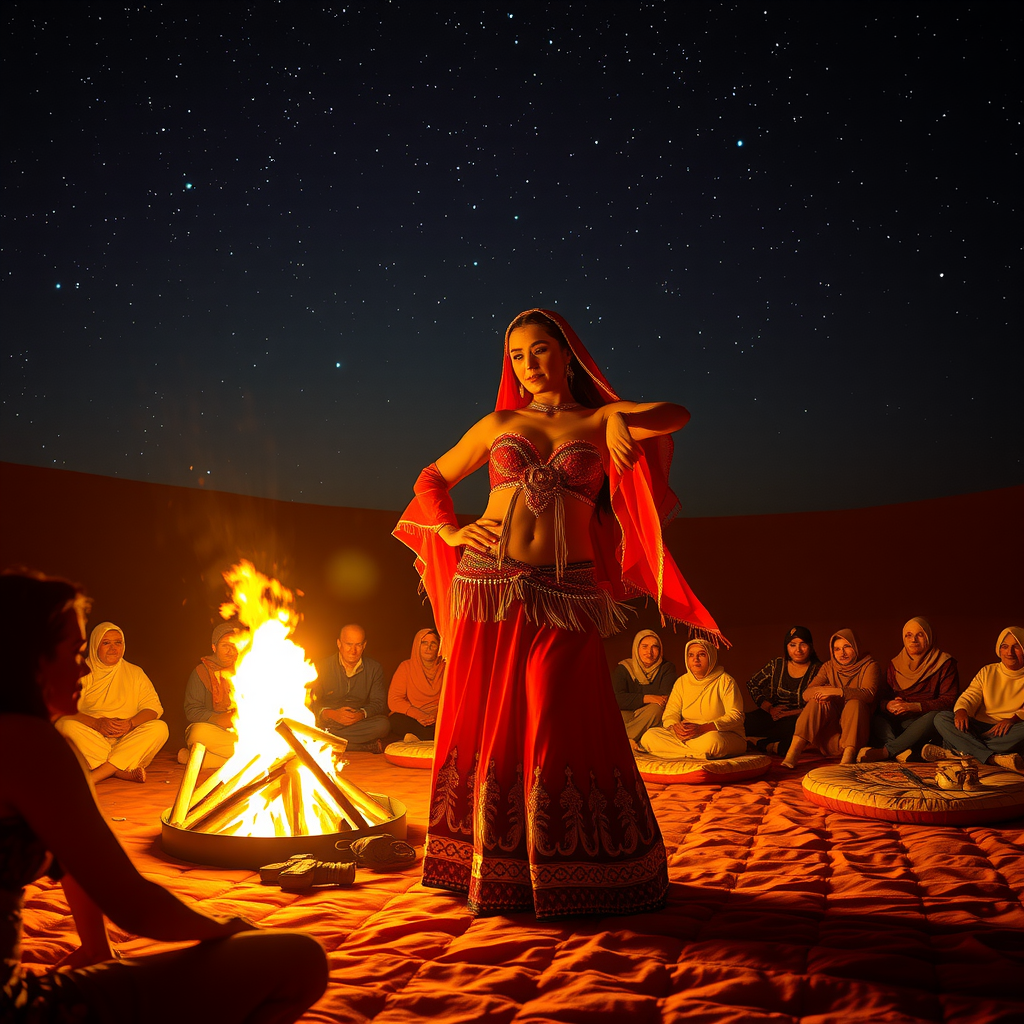 Professional belly dancer in ornate costume performing under starlit desert sky, audience seated on cushions around campfire, warm golden lighting, traditional Arabic music atmosphere