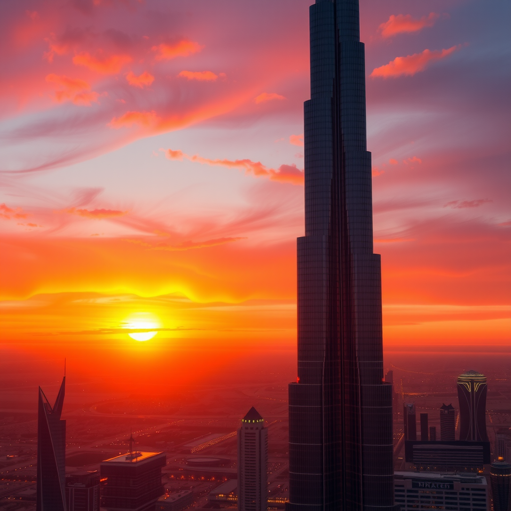 Breathtaking sunset view from Burj Khalifa observation deck showing orange and pink hues painting the sky, Dubai cityscape transitioning from day to night, city lights beginning to twinkle, silhouettes of skyscrapers against colorful horizon