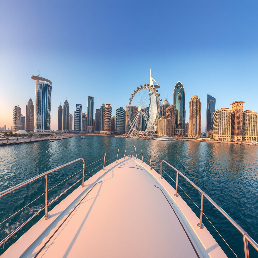 Panoramic view from yacht showing Dubai Marina's impressive skyline with JBR beach residential towers, Ain Dubai observation wheel, and modern architecture along the waterfront