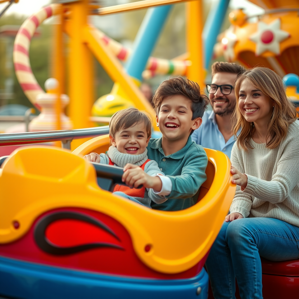 Joyful children experiencing exciting theme park ride with bright colors and motion blur while parents watch happily from nearby
