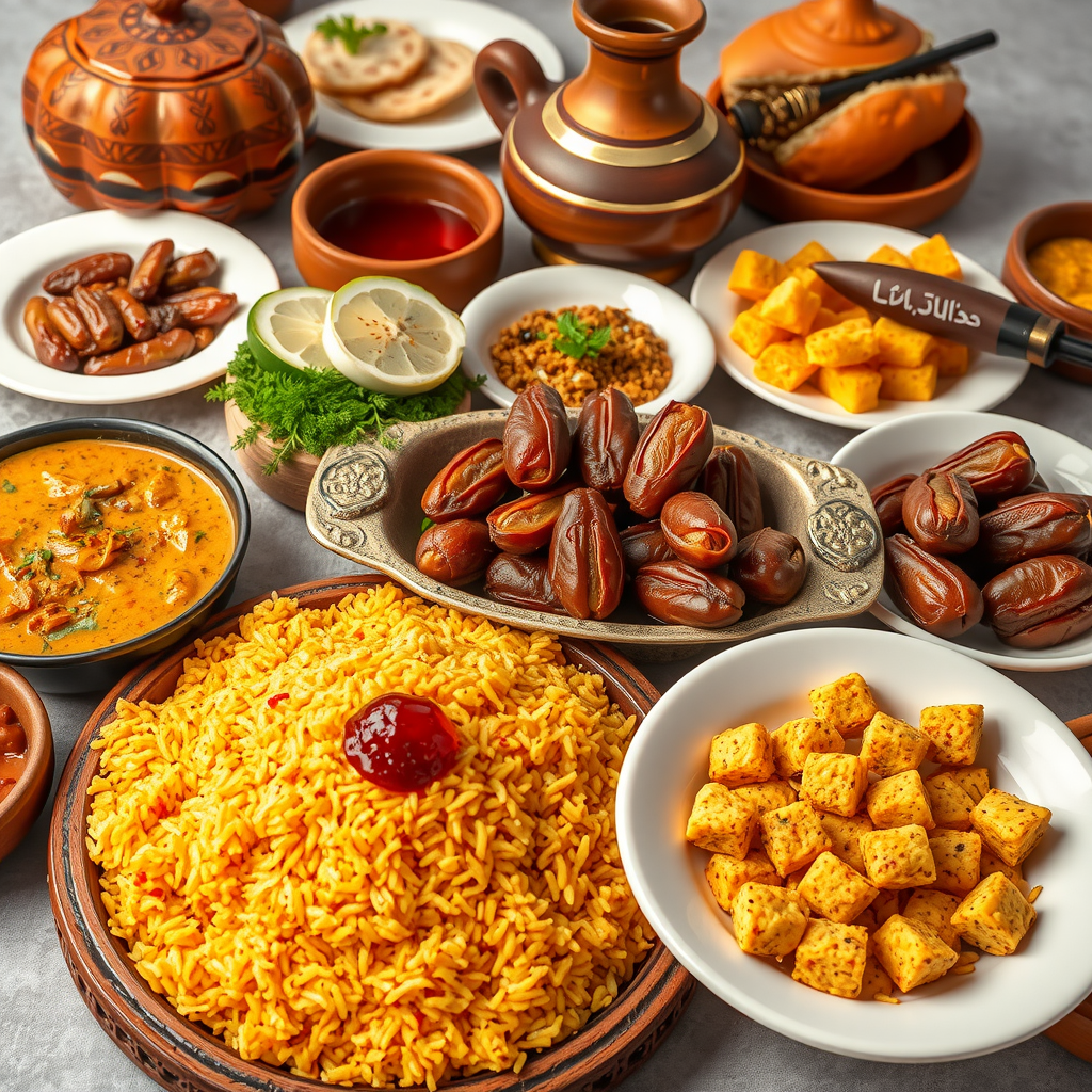 Traditional Emirati feast featuring authentic dishes like machboos rice with meat, harees, luqaimat desserts, fresh dates, and Arabic coffee served in traditional dallah pot with small cups