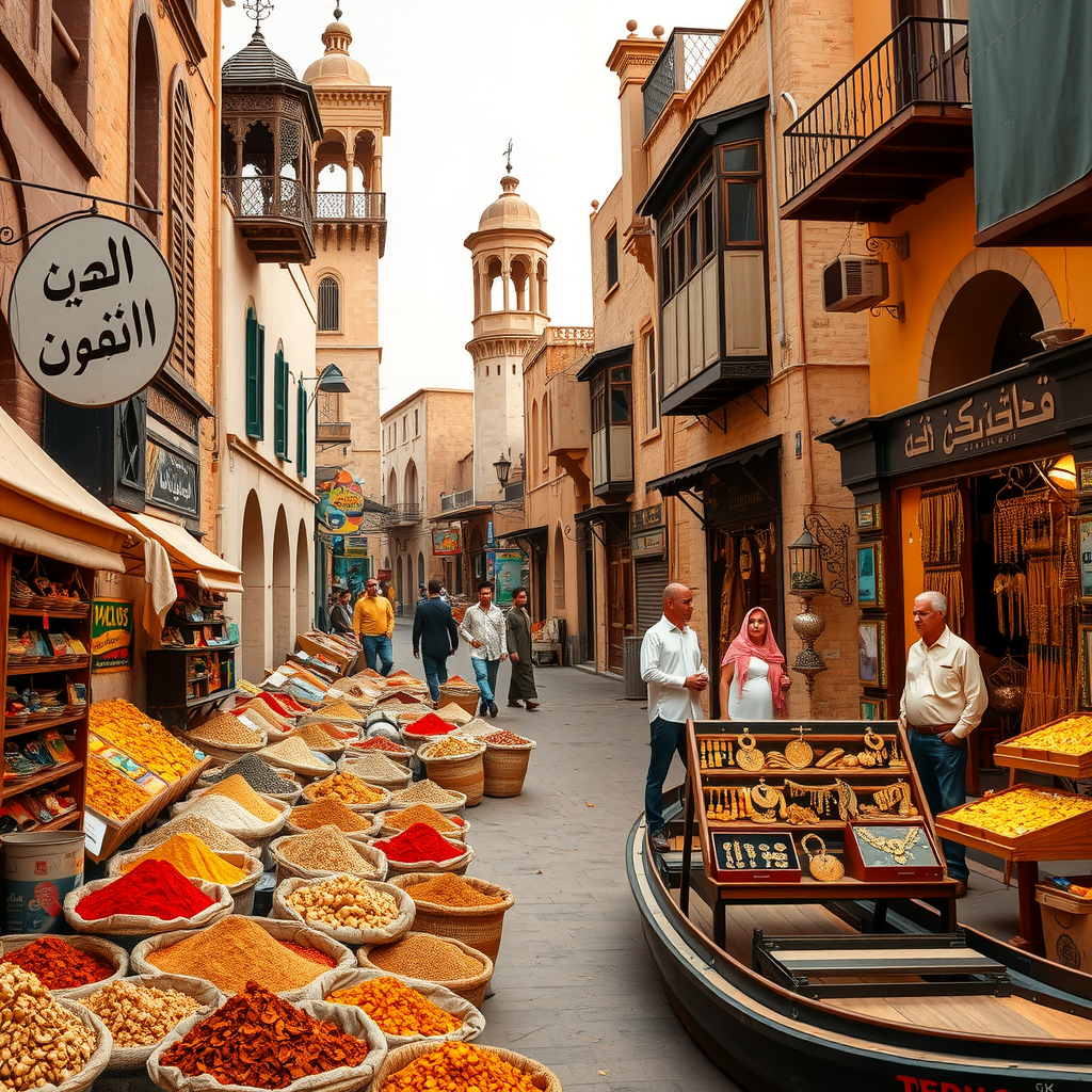 Historic Al Fahidi District with traditional wind towers and narrow lanes, colorful spice souk with aromatic spices in burlap sacks, Gold Souk with glittering jewelry displays, traditional abra boats on Dubai Creek, authentic Emirati architecture