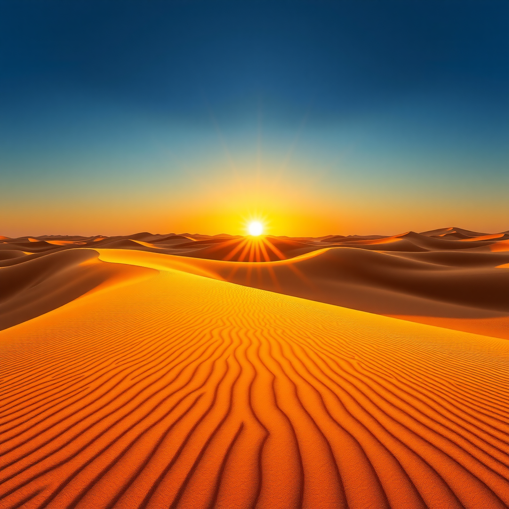 Breathtaking desert sunrise with golden sun rays illuminating rippled sand dunes, long shadows creating dramatic patterns, clear blue sky transitioning from deep blue to warm orange