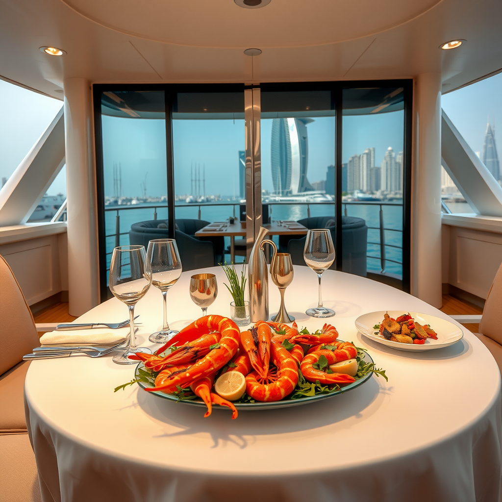 Elegant dining table setup on yacht deck featuring fresh seafood platter, fine dining presentation, and Dubai Marina towers visible through large windows