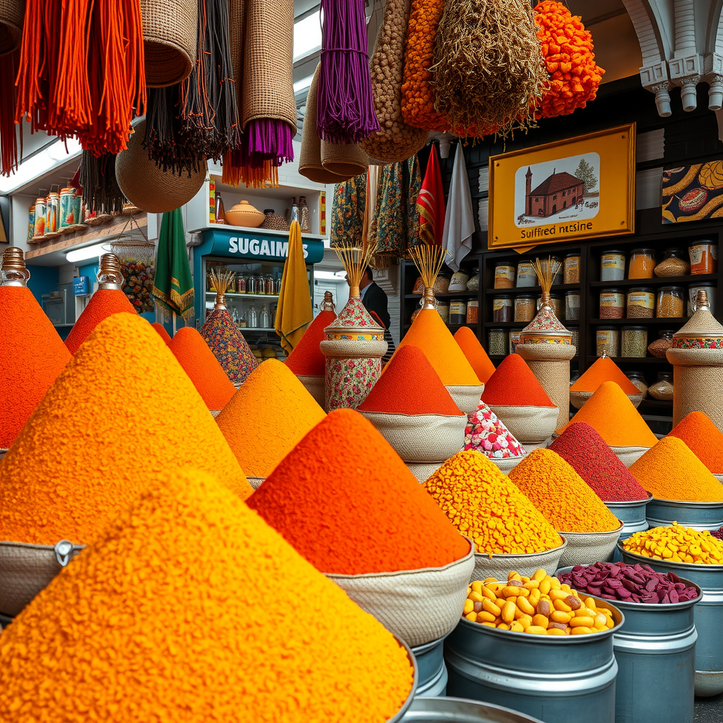 Aromatic Spice Souk with vendors displaying colorful pyramids of saffron, turmeric, cardamom, dried roses, frankincense, and exotic spices in traditional burlap sacks and metal containers
