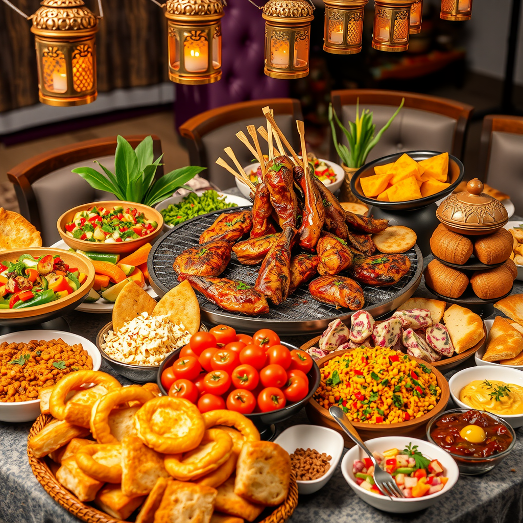 Lavish Arabian BBQ buffet spread with grilled meats, fresh salads, traditional mezze dishes, colorful vegetables, Arabic bread, desserts, all beautifully arranged on decorated tables with lanterns