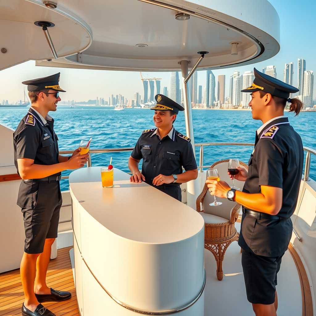 Professional uniformed crew members serving refreshments to guests on luxury yacht deck with Dubai city skyline and blue waters in background
