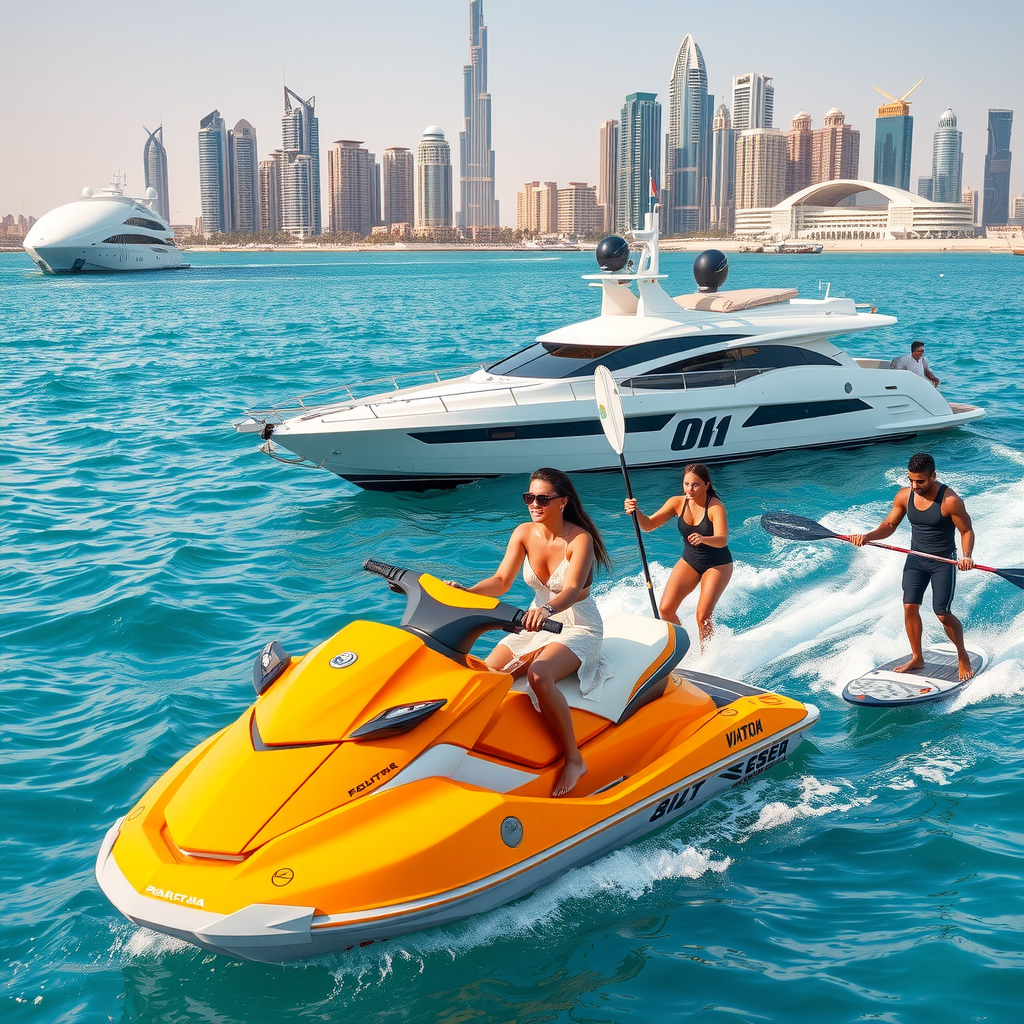 Guests enjoying jet skiing and paddleboarding activities in clear blue waters near anchored luxury yacht with Dubai's modern coastline and skyscrapers in background