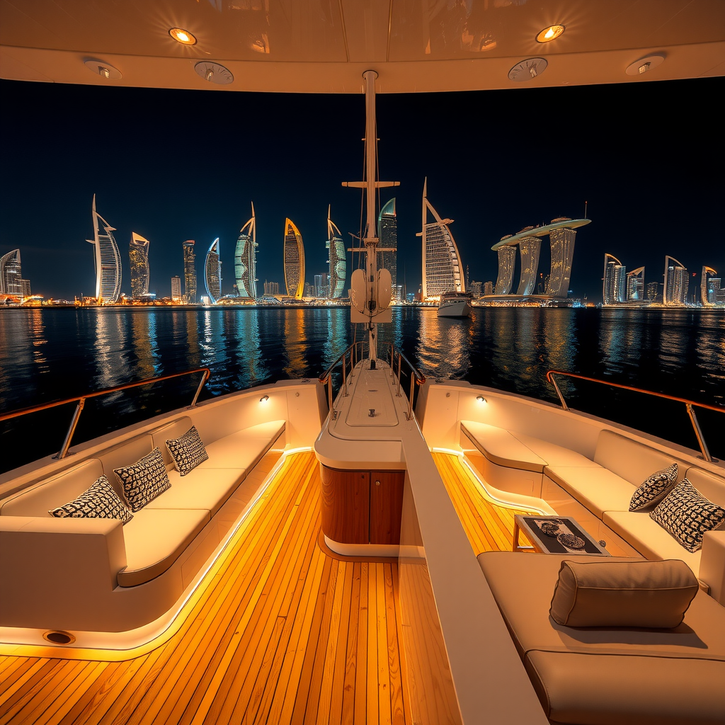 Luxury yacht deck illuminated at night with comfortable seating areas, ambient lighting, and spectacular view of Dubai Marina's illuminated towers reflecting on calm dark waters